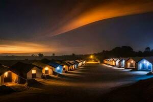 el noche cielo es iluminado arriba por el luces de un pocos casas generado por ai foto