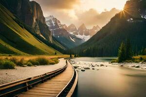 a wooden boardwalk leads to a mountain lake. AI-Generated photo