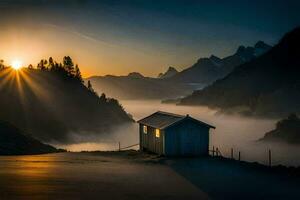 a small hut sits on the edge of a mountain at sunrise. AI-Generated photo
