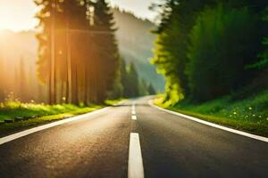 un largo vacío la carretera en el medio de un bosque. generado por ai foto