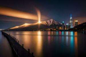 a city skyline is reflected in the water at night. AI-Generated photo