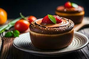chocolate dessert with strawberries and cherries on a plate. AI-Generated photo