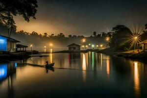 un barco es atado a un muelle a noche. generado por ai foto