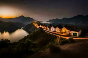 el la carretera a el lago. generado por ai foto