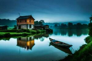 a boat sits on the water next to a house. AI-Generated photo