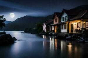 a house on the water with a full moon. AI-Generated photo