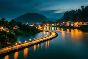 a river and houses in the night. AI-Generated photo