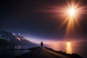 a man stands on the edge of a lake at night with the sun shining above him. AI-Generated photo