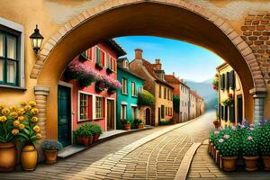 an illustration of a street with flowers and potted plants. AI-Generated photo