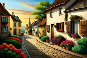 a painting of a street with flowers and houses. AI-Generated photo