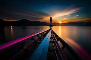 a lighthouse stands on the water at sunset. AI-Generated photo