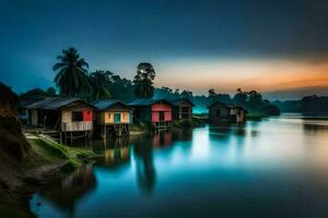 casas en el río a puesta de sol. generado por ai foto