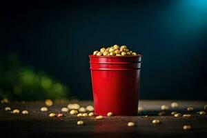 a red cup filled with peanuts on a dark table. AI-Generated photo