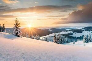 winter landscape with snow covered trees and sun setting over mountains. AI-Generated photo