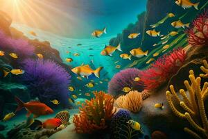 an underwater scene with colorful fish and coral reefs. AI-Generated photo