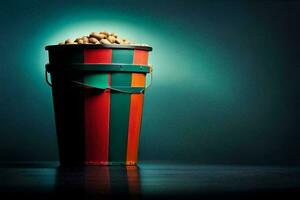 a bucket filled with peanuts on a dark background. AI-Generated photo