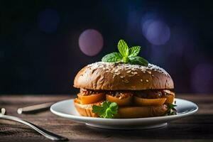 a hamburger with meat and vegetables on a plate. AI-Generated photo