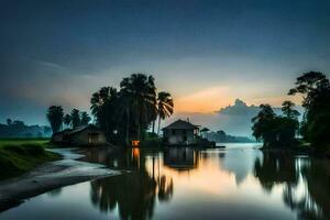 el Dom conjuntos terminado un río y un casa. generado por ai foto