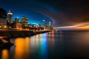 el chicago horizonte a noche. generado por ai foto