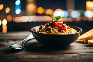 a bowl of pasta with tomatoes and basil on a wooden table. AI-Generated photo