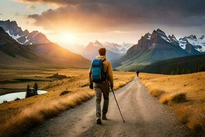 a man with a backpack and trek poles walks down a dirt road in the mountains. AI-Generated photo