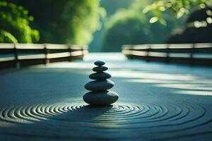 a stack of stones on a bridge in the middle of a forest. AI-Generated photo