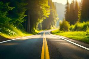 a road in the woods with trees and grass. AI-Generated photo