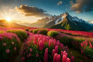 el Dom sube terminado el montañas y flores en el campo. generado por ai foto