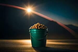 a bucket of peanuts on a table in front of a bright sun. AI-Generated photo