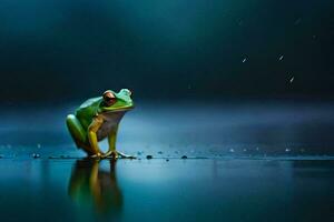 un rana sentado en el suelo en el lluvia. generado por ai foto