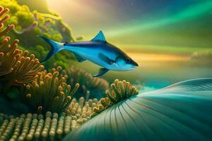 a fish swimming over an underwater coral reef. AI-Generated photo