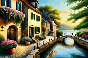 a painting of a canal and houses near a river. AI-Generated photo