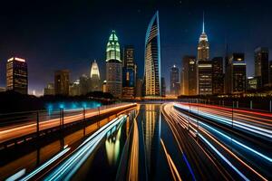 the city skyline at night with light trails. AI-Generated photo
