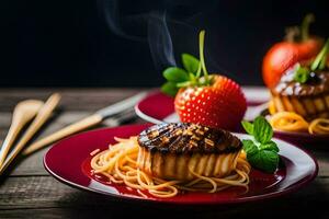 two red plates with spaghetti and strawberries. AI-Generated photo