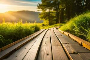 a wooden path leads to the sun in the middle of a field. AI-Generated photo