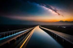 un largo exposición foto de un puente a puesta de sol. generado por ai