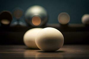 two eggs sit on a table in front of other eggs. AI-Generated photo