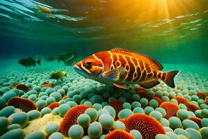 un pescado nadando en el Oceano rodeado por coral. generado por ai foto