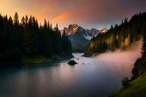 photo wallpaper the sky, mountains, trees, river, fog, the mountains, the river,. AI-Generated
