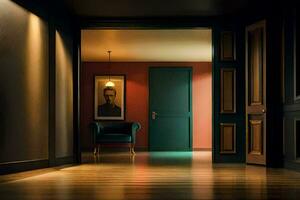 a dark hallway with a green chair and a door. AI-Generated photo