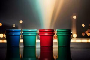four colorful buckets on a table with lights in the background. AI-Generated photo