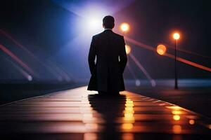 a man in a suit stands on a platform at night. AI-Generated photo