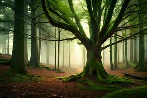 un árbol en el medio de un bosque con verde musgo. generado por ai foto