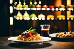 un plato de espaguetis y un vaso de vino en un mesa. generado por ai foto