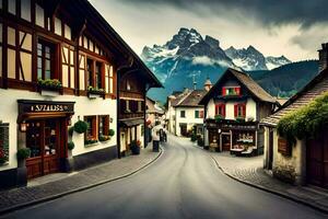 a street in the alps with mountains in the background. AI-Generated photo