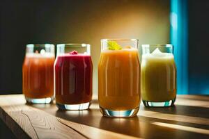 four different types of juices in glasses on a table. AI-Generated photo