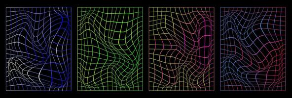 Set of distorted vertical neon grid pattern. Trendy retro 1980s, 2000s style. Abstract posters. Cyberpunk elements in trendy psychedelic rave style. vector