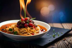 spaghetti with tomato sauce and meat on a wooden table. AI-Generated photo