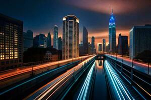 un ciudad horizonte a noche con luces en el edificios generado por ai foto