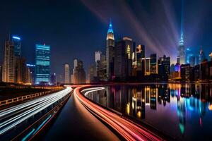 el ciudad horizonte a noche con luces en el edificios generado por ai foto